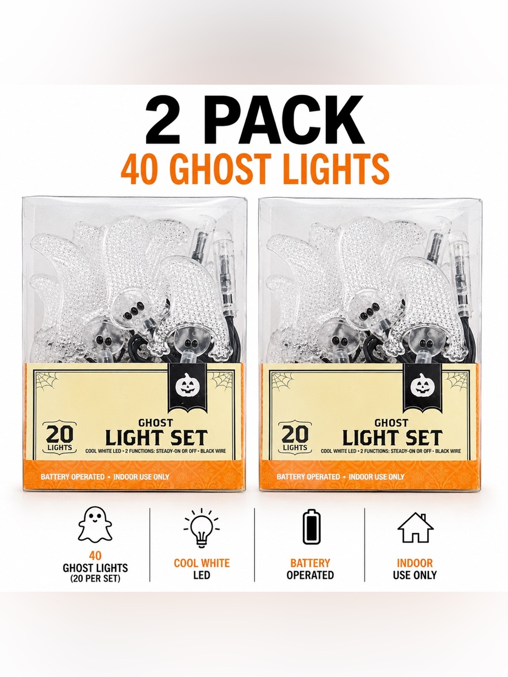 Halloween Ghost LED String Lights 20 Count Set of 2 Battery Operated NIB